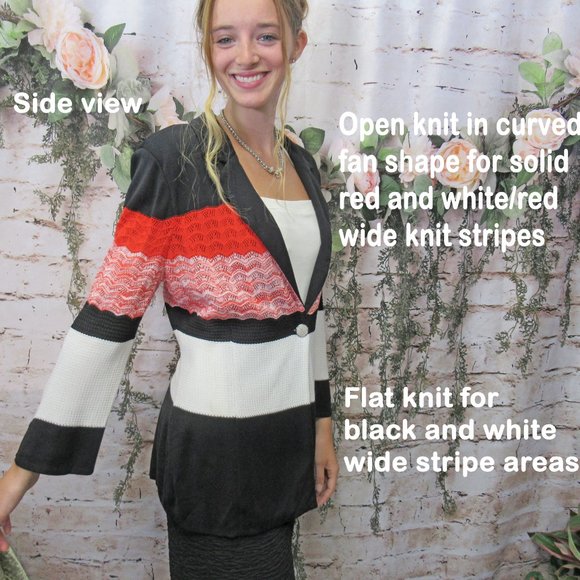 MISOOK knit blazer, Red/black/white striped, V neck with collar, 1 front button - Picture 3 of 10